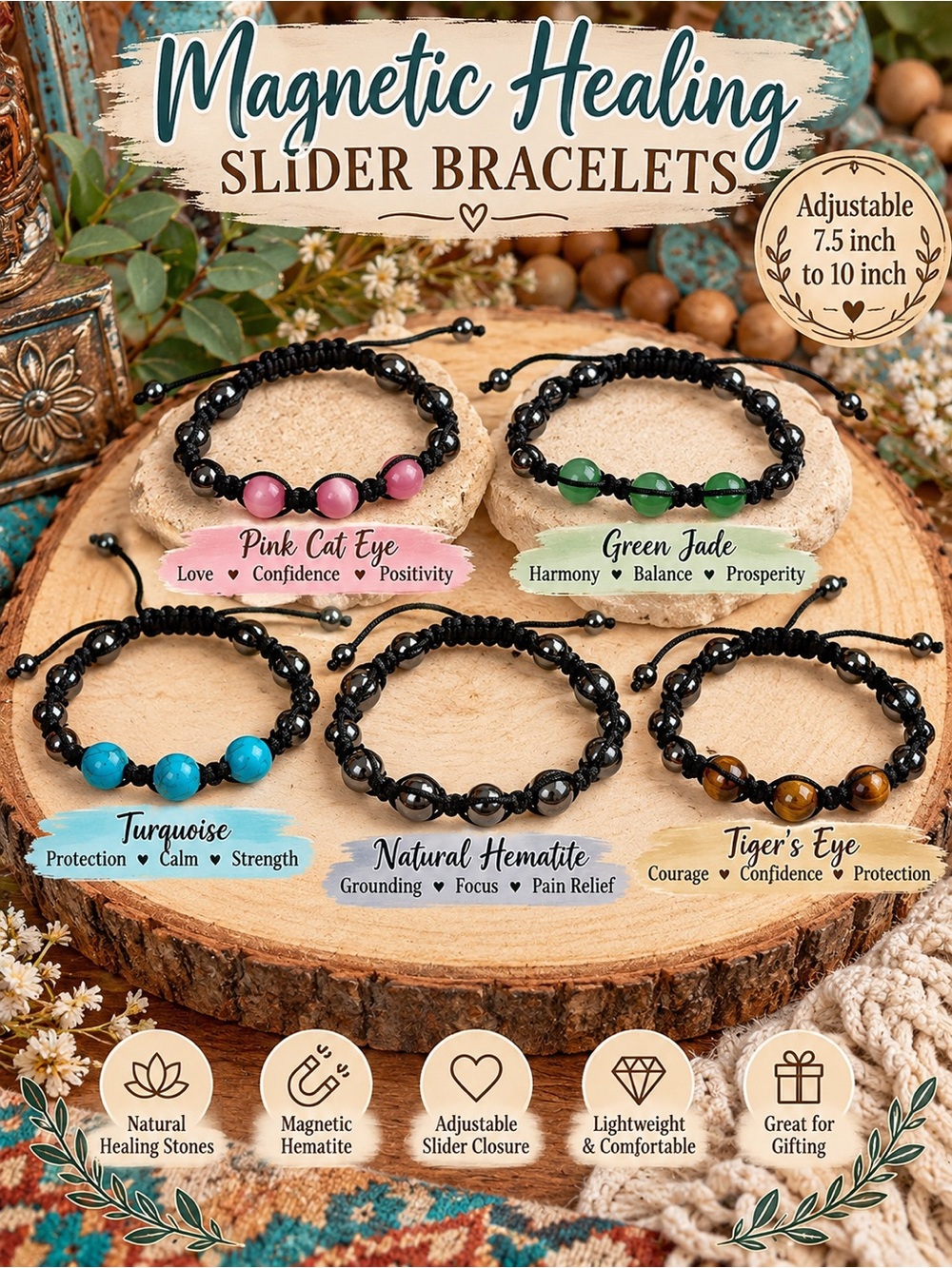 Magnetic Healing Slider Bracelet — Black Cord with Pink Cat Eye Beads